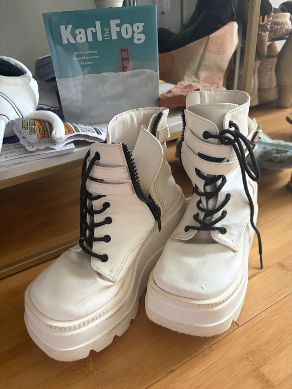 White rave Platform Combat Boots with Black Laces - Women